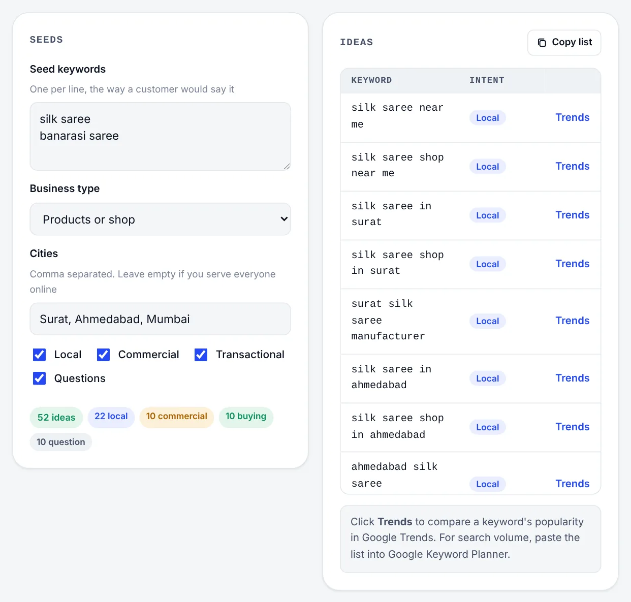 The Rankdesk keyword ideas tool with the seeds silk saree and banarasi saree, the cities Surat, Ahmedabad and Mumbai, and a list of 52 ideas labelled by intent