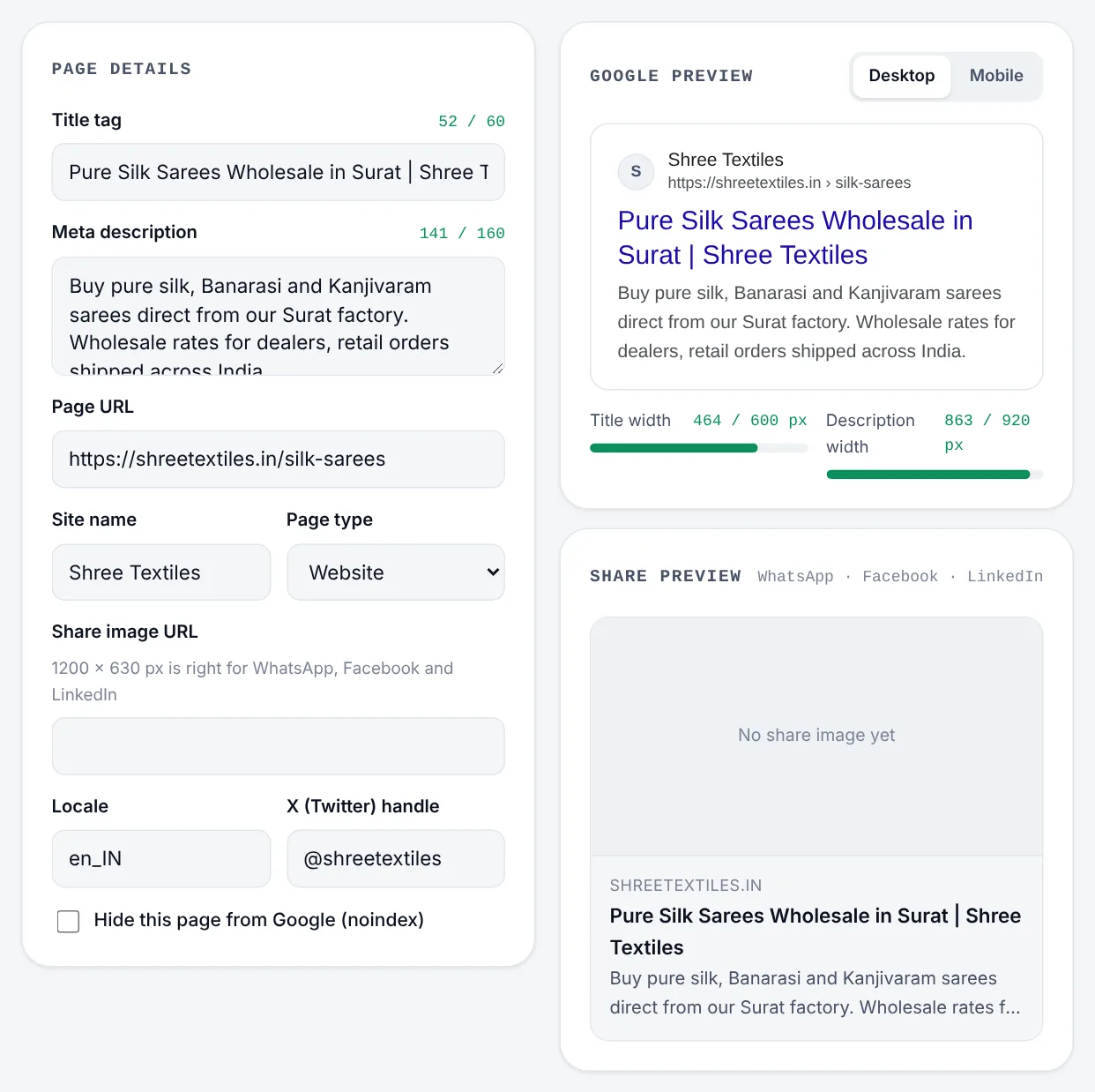 The Rankdesk meta tag generator: page details on the left, a Google result preview with title and description width meters, and a WhatsApp share preview