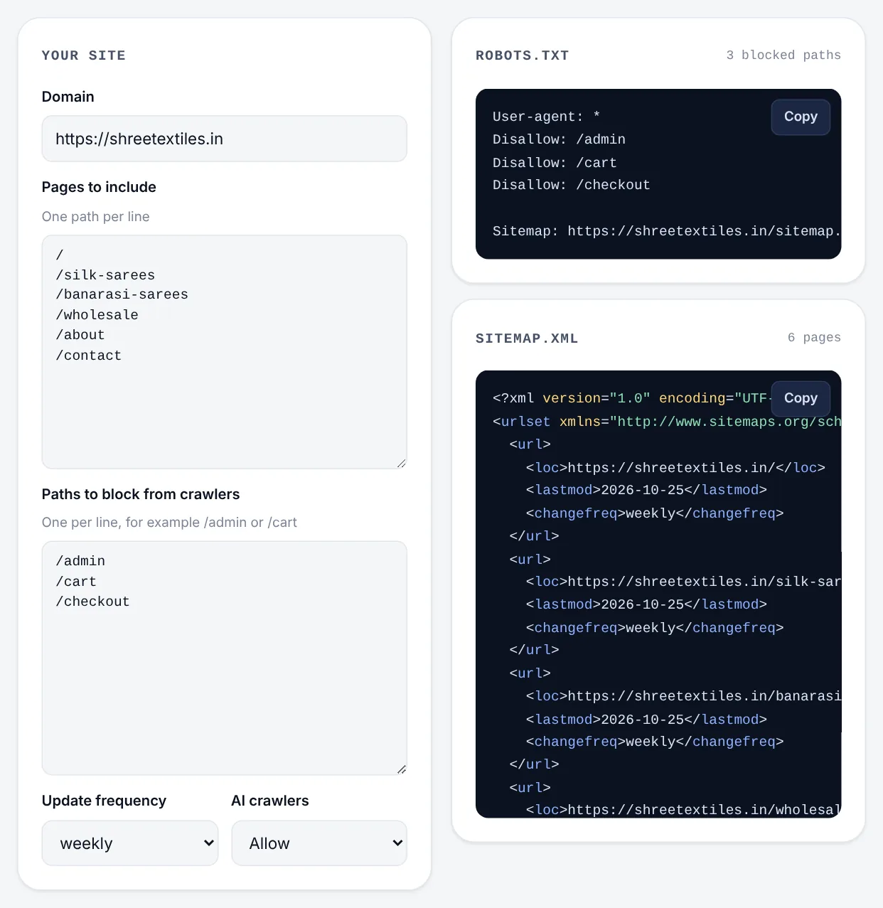 The Rankdesk robots.txt and sitemap generator, with the robots.txt and sitemap.xml it builds side by side