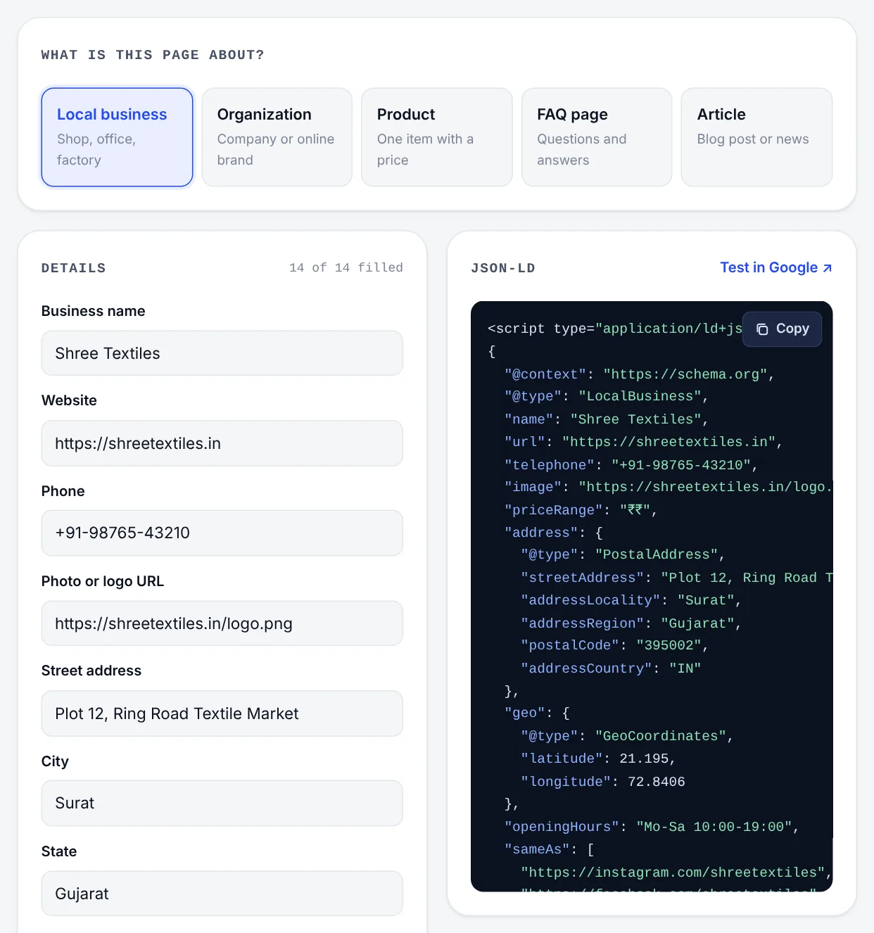 The Rankdesk schema generator with the local business type selected, the business details filled in, and the JSON-LD it creates